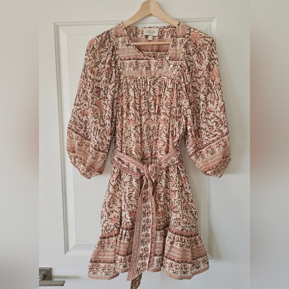 CLEOBELLA Vivian Organic Cotton Mini Dress Cream Peach Block Print NWOT Sz S - Picture 1 of 15